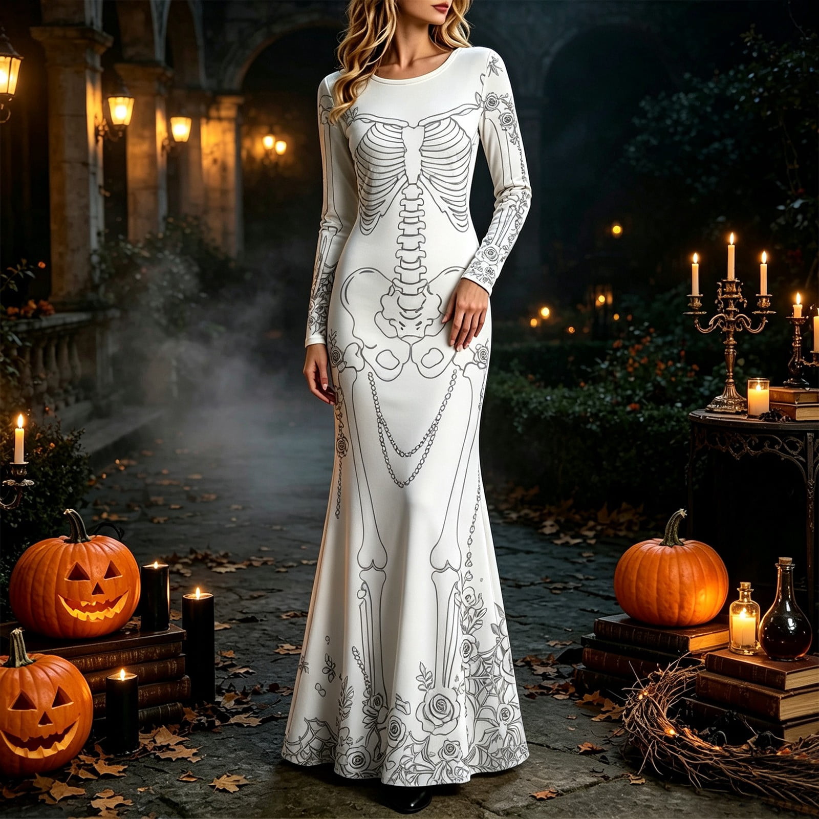 Halloween Skeleton Decoration - Abito lungo da donna con stampa