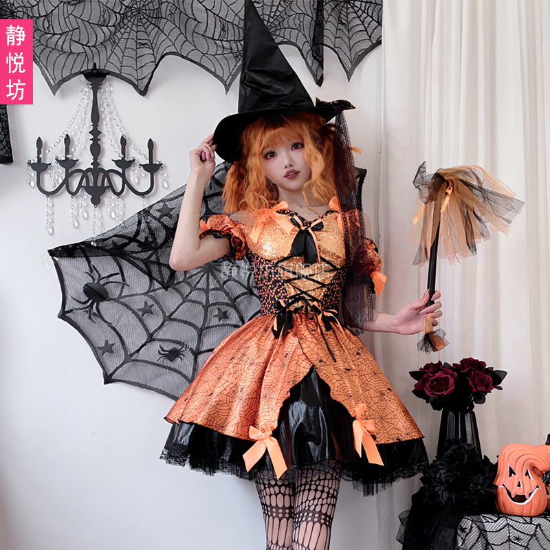 Spider Web Halloween Decoration - Costume da strega arancione con ragnatela
